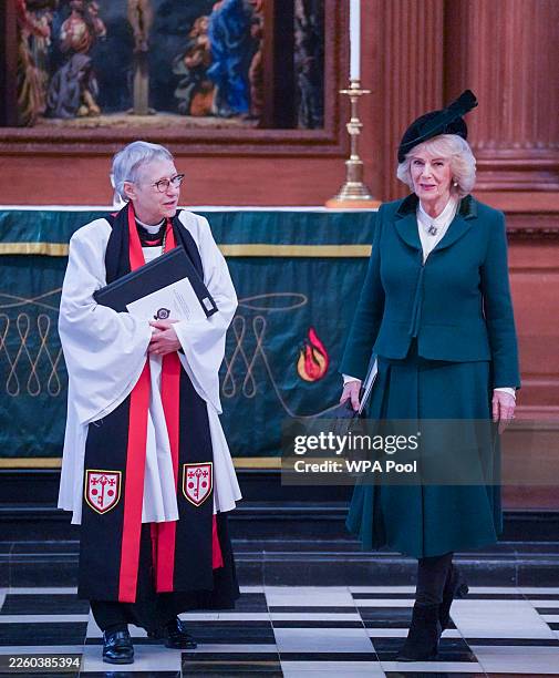 Queen Camilla is seen with with Reverend Canon Dr Alison Joyce as she attends a service of celebration to mark the 650th anniversary of royal...