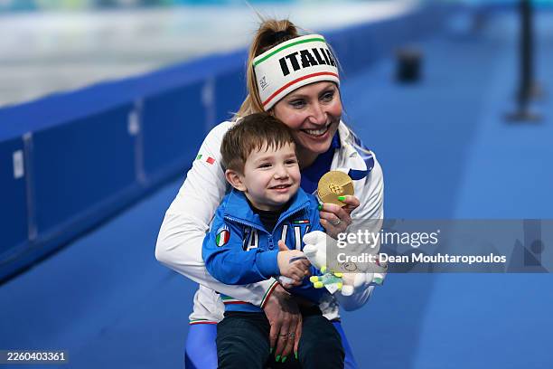 Gold medalist Francesca Lollobrigida of Team Italy poses for a photo after the medal ceremony following during the Speed Skating Women's 3000m on day...