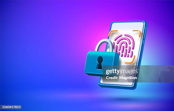 biometric mobile security with fingerprint scan and padlock on smartphone with large copy space, vector gradient background for secure login, data privacy and access control - lock screen stock illustrations