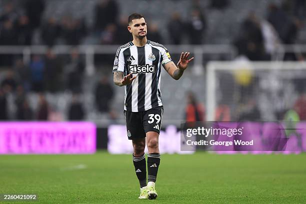 Bruno Guimaraes of Newcastle United reacts after the Premier League match between Newcastle United and Brentford at St James' Park on February 07,...