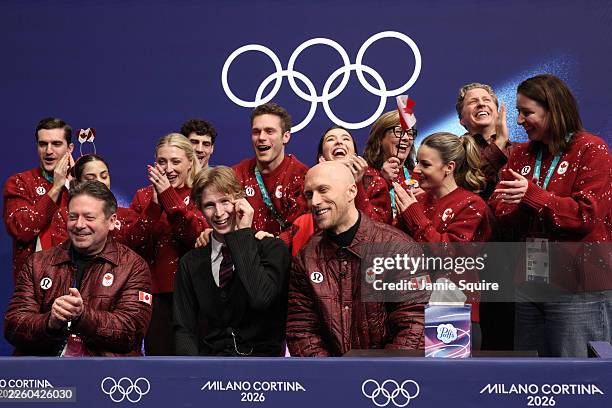 Stephen Gogolev of Team Canada reacts in the Kiss and Cry zone after competing in Men's Single Skating - Short Program Team Event on day one of the...