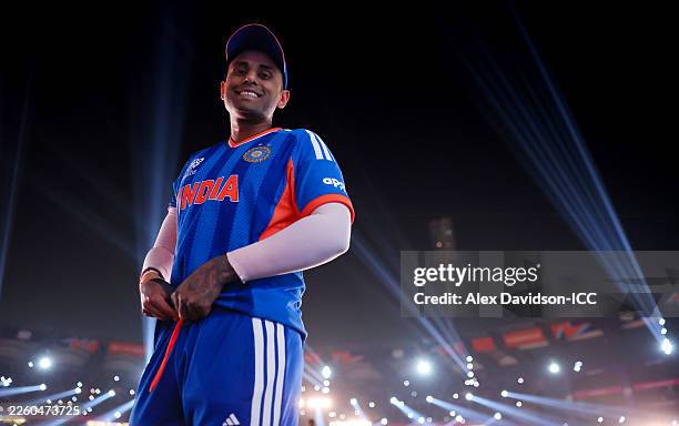 Suryakumar Yadav of India during a lights show during the ICC Men's T20 World Cup India & Sri Lanka 2026 match between India and USA at Wankhede...