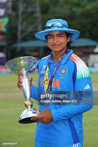 India's Vaibhav Sooryavanshi poses for a photo with the U19 World Cup trophy after India win the ICC U19 Men's Cricket World Cup 2026 Final between...
