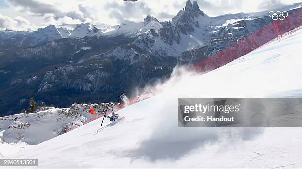 Lindsey Vonn of Team United States crashes during the Women's Downhill on day two of the Milano Cortina 2026 Winter Olympics at Tofane Alpine Skiing...