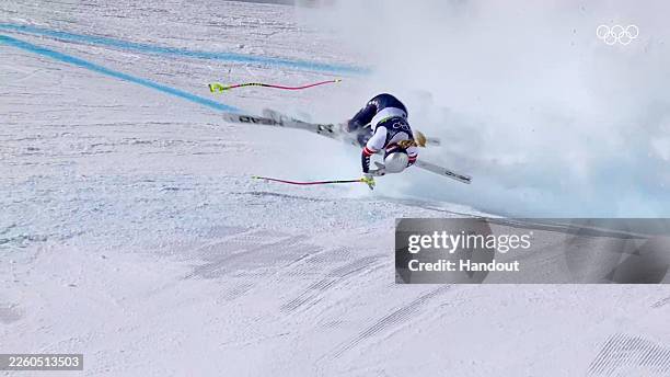Lindsey Vonn of Team United States crashes during the Women's Downhill on day two of the Milano Cortina 2026 Winter Olympics at Tofane Alpine Skiing...