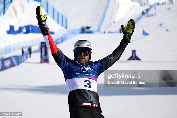 Benjamin Karl of Team Austria celebrates after qualifying for the Semifinals following the Men's Parallel Giant Slalom Quarterfinals on day two of...