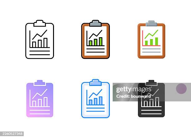 clipboard with checklist and bar graph icon. 6 different styles. editable stroke. vector illustration. - tracking progress stock illustrations