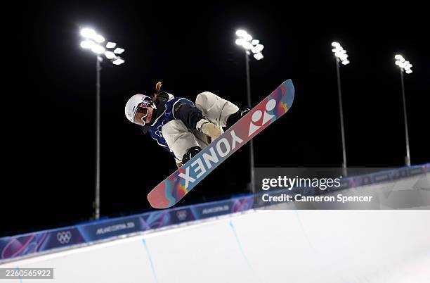 Sena Tomita of Team Japan participates in Snowboard Halfpipe Training on day two of the Milano Cortina 2026 Winter Olympic games at Livigno Snow Park...
