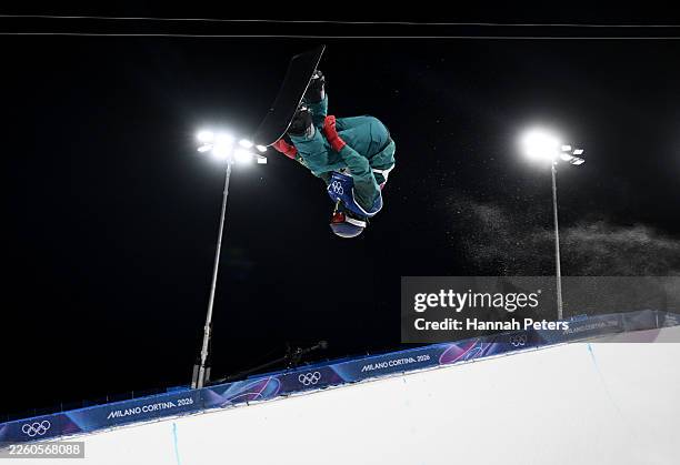 Scotty James of Team Australia participates in Snowboard Halfpipe Training on day two of the Milano Cortina 2026 Winter Olympic games at Livigno Snow...