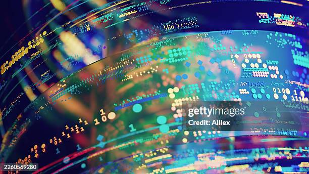 dynamic neon data streams and digital cubes in abstract futuristic tech visualization - byte stock pictures, royalty-free photos & images