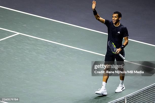 Felix Auger-Aliassime of Canada celebrates his win after his Men's Singles First Round match against Alexei Popyrin of Australia during Day Three of...
