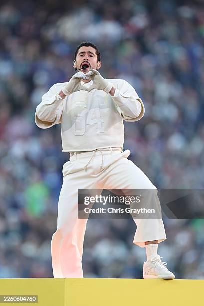 Bad Bunny performs onstage during the Apple Music Super Bowl LX Halftime Show at Levi's Stadium on February 08, 2026 in Santa Clara, California.