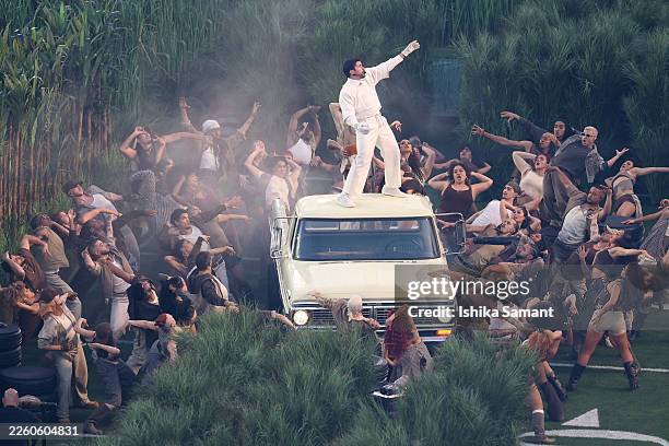 Bad Bunny performs onstage during the Apple Music Super Bowl LX Halftime Show at Levi's Stadium on February 08, 2026 in Santa Clara, California.