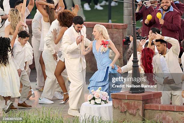 Lady Gaga performs with Bad Bunny onstage during the Apple Music Super Bowl LX Halftime Show at Levi's Stadium on February 08, 2026 in Santa Clara,...