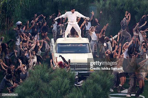 Bad Bunny performs onstage during the Apple Music Super Bowl LX Halftime Show at Levi's Stadium on February 08, 2026 in Santa Clara, California.