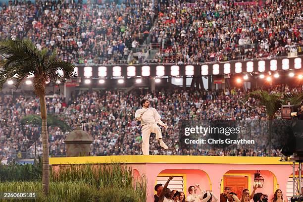 Bad Bunny performs onstage during the Apple Music Super Bowl LX Halftime Show at Levi's Stadium on February 08, 2026 in Santa Clara, California.