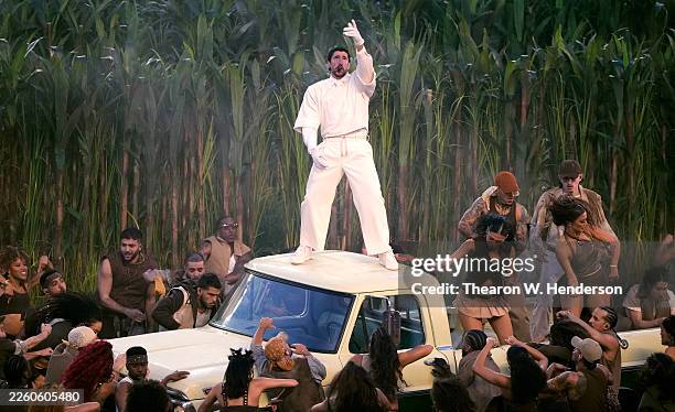 Bad Bunny performs onstage during the Apple Music Super Bowl LX Halftime Show at Levi's Stadium on February 08, 2026 in Santa Clara, California.