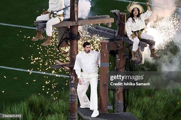 Bad Bunny performs onstage during the Apple Music Super Bowl LX Halftime Show at Levi's Stadium on February 08, 2026 in Santa Clara, California.
