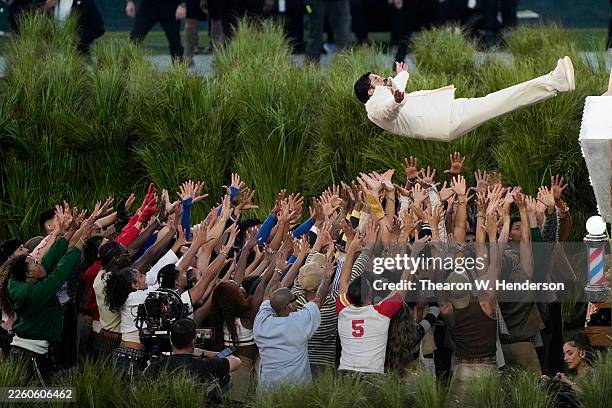 Bad Bunny performs onstage during the Apple Music Super Bowl LX Halftime Show at Levi's Stadium on February 08, 2026 in Santa Clara, California.