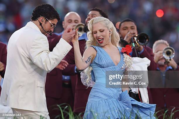 Bad Bunny and Lady Gaga perform onstage during the Apple Music Super Bowl LX Halftime Show at Levi's Stadium on February 08, 2026 in Santa Clara,...