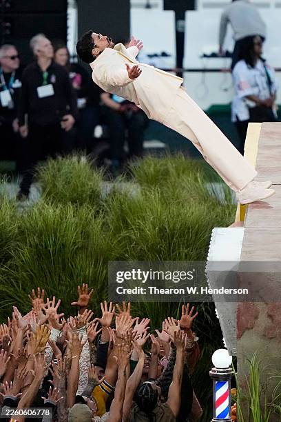 Bad Bunny performs onstage during the Apple Music Super Bowl LX Halftime Show at Levi's Stadium on February 08, 2026 in Santa Clara, California.