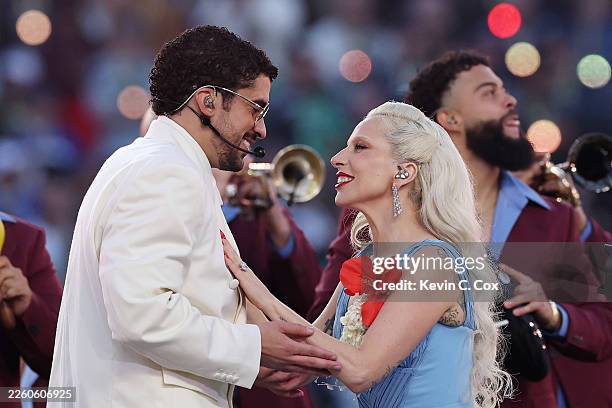 Bad Bunny and Lady Gaga perform onstage during the Apple Music Super Bowl LX Halftime Show at Levi's Stadium on February 08, 2026 in Santa Clara,...