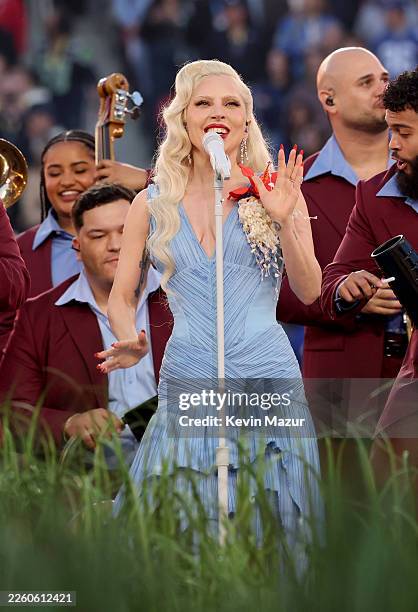 Lady Gaga performs onstage during the Apple Music Super Bowl LX Halftime Show at Levi's Stadium on February 08, 2026 in Santa Clara, California.