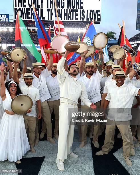 Bad Bunny performs onstage during the Apple Music Super Bowl LX Halftime Show at Levi's Stadium on February 08, 2026 in Santa Clara, California.