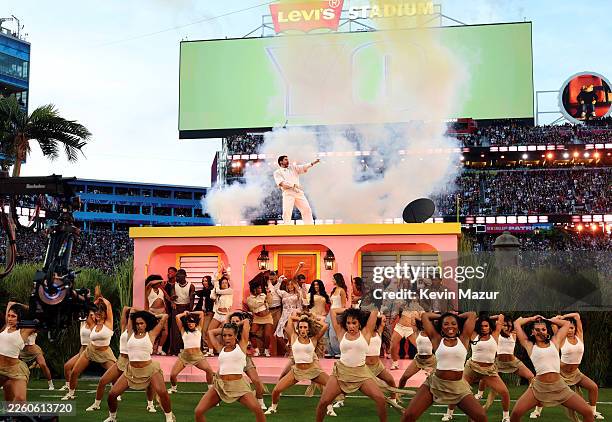 Bad Bunny performs onstage during the Apple Music Super Bowl LX Halftime Show at Levi's Stadium on February 08, 2026 in Santa Clara, California.