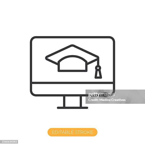 online learning icon. editable stroke thin line icon - student thinking on computer stock illustrations