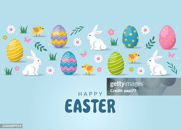 easter greeting card with decorated easter eggs, bunnies, chicks and text happy easter - easter egg stock illustrations
