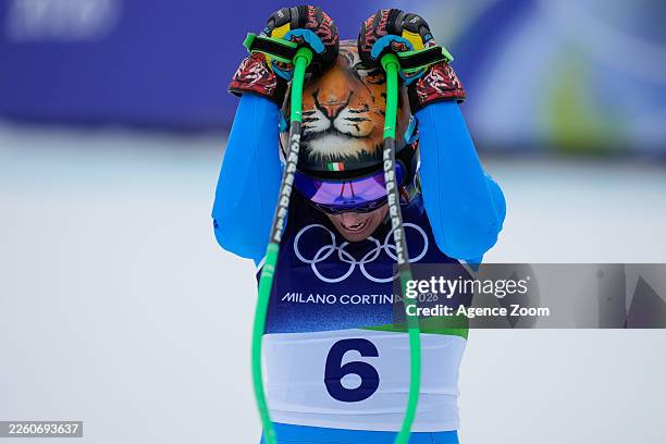 Federica Brignone of Team Italy reacts during the Women's Super G on day six of the Milano Cortina 2026 Winter Olympics at Tofane Alpine Skiing...