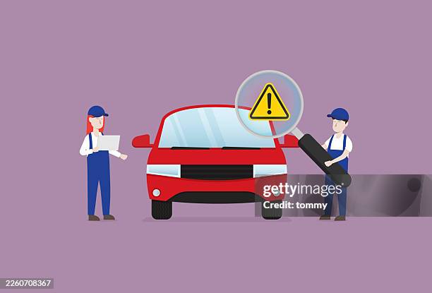mechanics and automotive service people check a car - checking car stock illustrations
