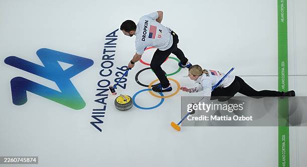 Cory Thiesse and Korey Dropkin of Team United States during the Curling Mixed Doubles semi-finals match between Team Italy and Team United States on...