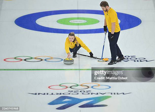 Isabella Wranaa and Ramus Wranaa of Team Sweden compete during the Curling Mixed Doubles between Team Great Britain and Team Sweden on day three of...
