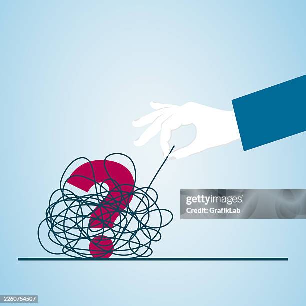 hand untying complex knot surrounding red question mark by pulling its string - string tangle stock illustrations