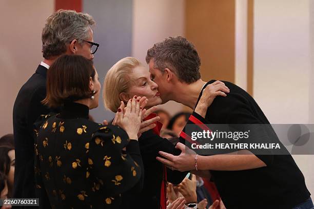 Creative director Wes Gordon greets Venezuelan-US fashion designer Carolina Herrera after after the Carolina Herrera Fall/Winter 2026 fashion show in...