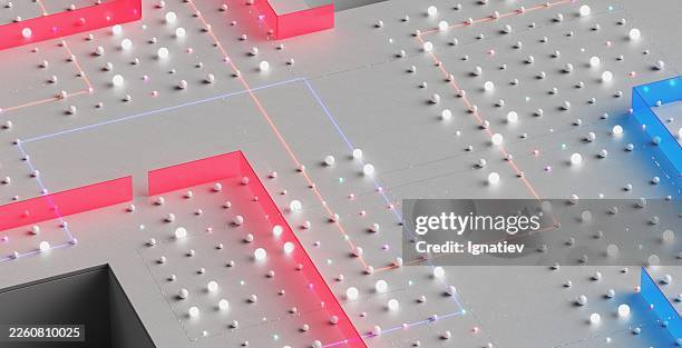 ilustración abstracta en 3d de una red digital con líneas brillantes y esferas flotantes. - computación sin servidor fotografías e imágenes de stock