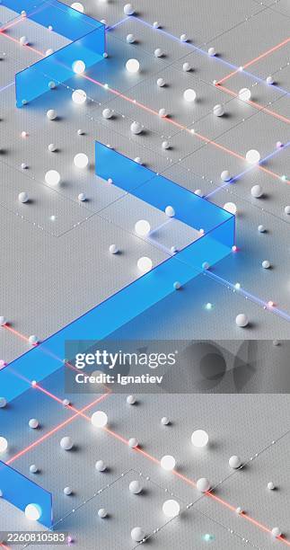 vista abstracta amplia de un sistema digital con rutas brillantes y nodos distribuidos uniformemente. - computación sin servidor fotografías e imágenes de stock
