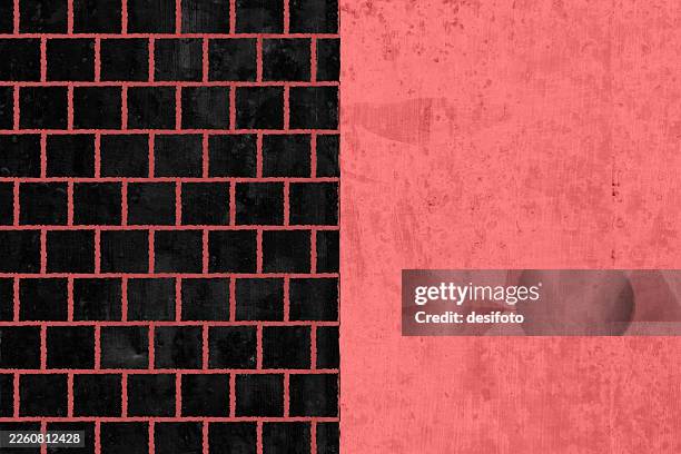 dark black and coral red halved divided brick wall vector background with checked pattern design in left half and plain right part for copy space - whitewashed brick stock illustrations