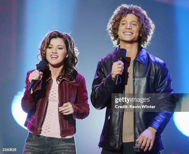 Kelly Clarkson and Justin Guarini at FOX-TV's "American Idol" finale at the Kodak Theatre in Hollywood, Ca. Wednesday, Sept. 4, 2002. Photo by Kevin...