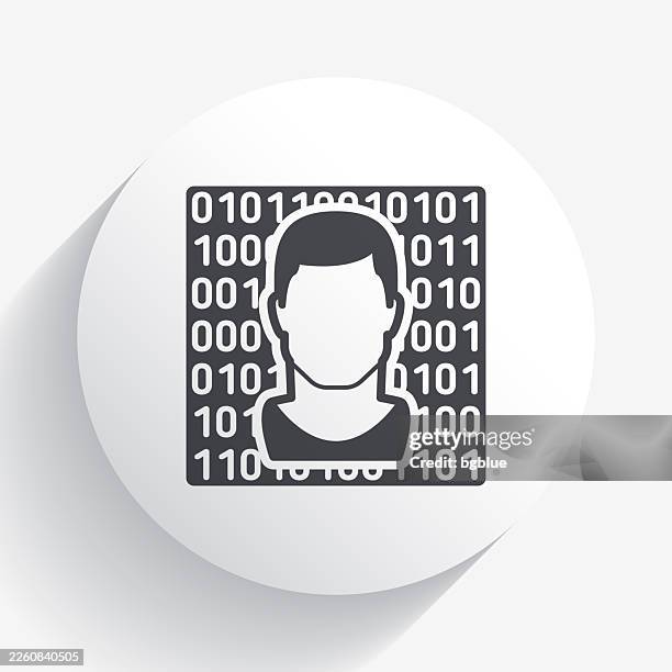 male face with binary code. icon on circle button with long shadow - binary code white background stock illustrations