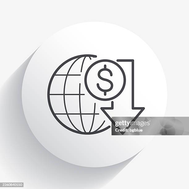 dollar rate decrease. icon on circle button with long shadow - planets colliding stock illustrations