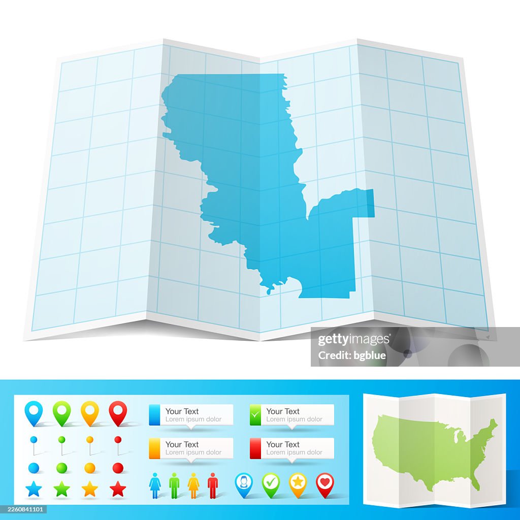 Sutter County, California Map with location pins on white Background