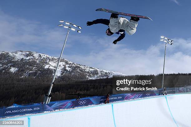 Ayumu Hirano of Team Japan participates in Snowboard Halfpipe Training on day four of the Milano Cortina 2026 Winter Olympic games at Livigno Snow...