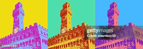 florence landmarks postcard - piazza della signoria stock illustrations