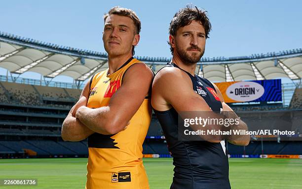 Patrick Cripps and Marcus Bontempelli pose during the 2026 Origin Media Opportunity at Optus Stadium on February 13, 2026 in Perth, Australia.