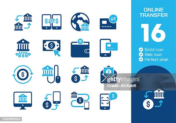 online transfer glyph solid icons collection. vector illustration. icon for website design, logo, app, template, ui, infographic etc - money transfer stock illustrations