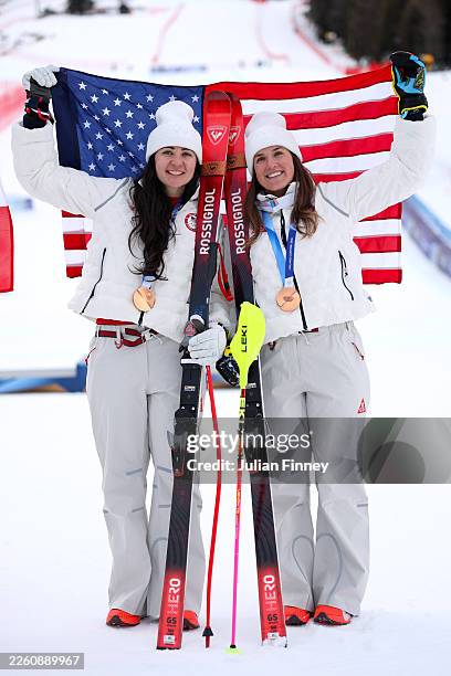 Bronze medalist Jacqueline Wiles and Paula Moltzan Team United States celebrate with their medals after during the Women's Team Combined on day four...