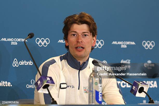 Bronze medalist Sturla Holm Laegreid of Team Norway speaks to the media during a press conference following the Men's 20km Individual on day four of...